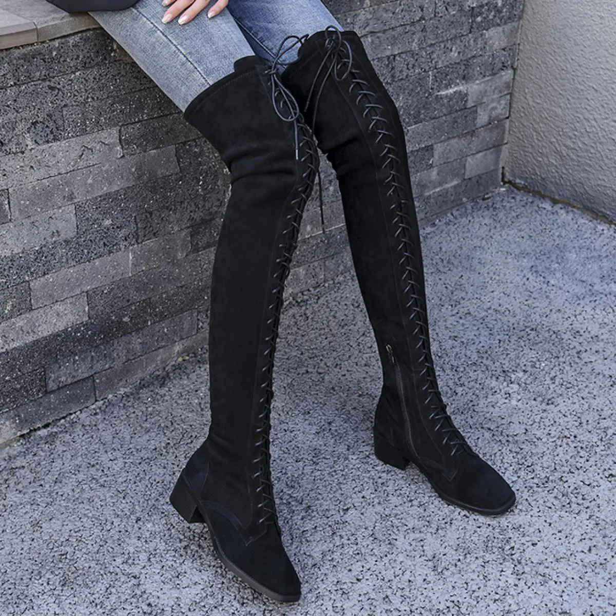 Stivali sopra il ginocchio da donna incrociati in vera pelle Autunno Inverno Moda Punta quadrata Scarpe casual da donna Taglia 4