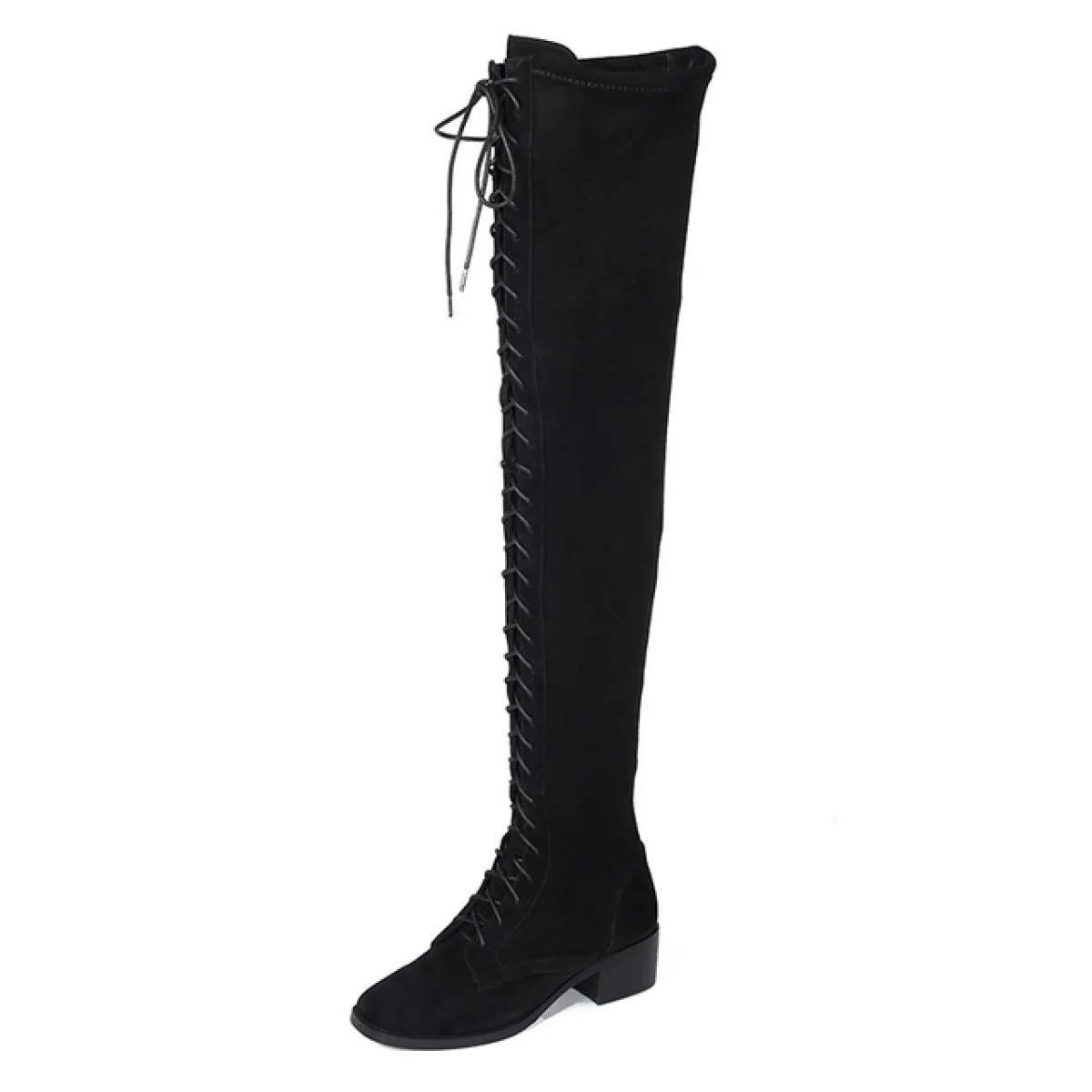 Stivali sopra il ginocchio da donna incrociati in vera pelle Autunno Inverno Moda Punta quadrata Scarpe casual da donna Taglia 4